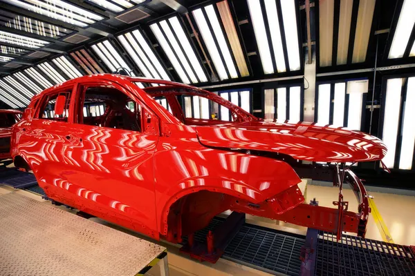Fábrica Automóveis Carros Vermelhos Linha Pintura — Fotografia de Stock