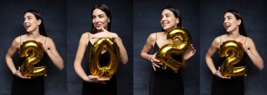 Kolaj, Noel partisi konsepti - 2022 rakamlarını elinde tutan neşeli genç bir kadın