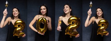 Kolaj, Noel partisi konsepti - 2022 rakamlarını elinde tutan neşeli genç bir kadın