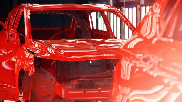 Biltillverkningsanläggning Röda Bilar Mållinjen — Stockfoto