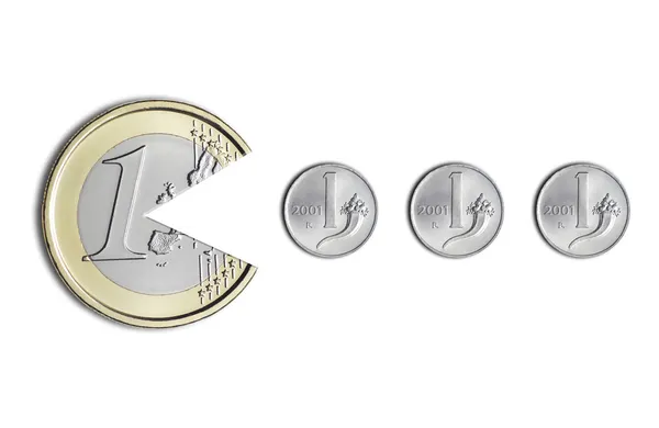 Euro-Münze frisst italienische Lira-Münzen — Stockfoto
