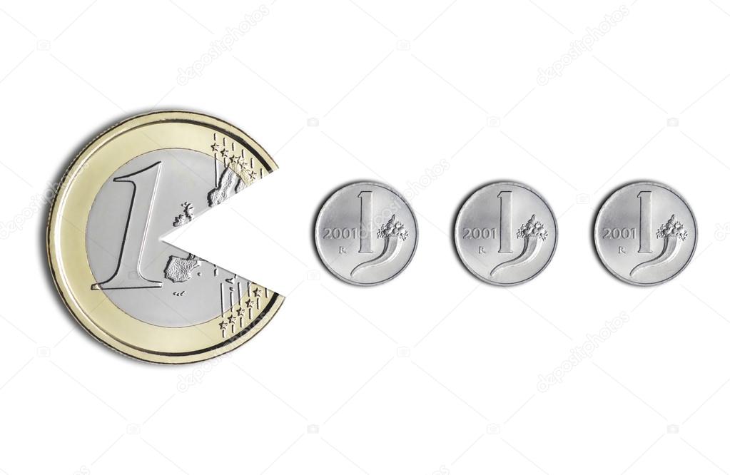 euro coin eating Italian lire coins