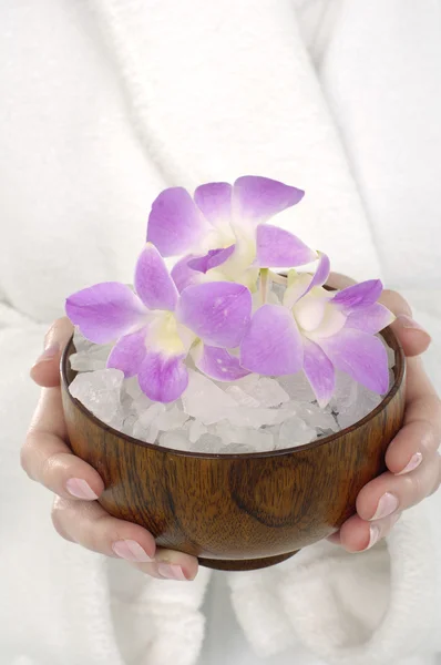 Holding orchid flower in bowl — Stock Photo, Image