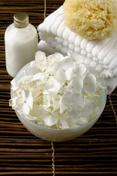 Body care on bamboo mat — Stock Photo, Image