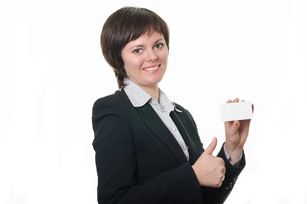 Smiling young woman showing blank — Stock Photo, Image