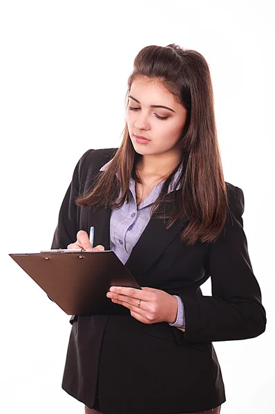 Young girl with tablet for papers in hands — Stock Photo, Image