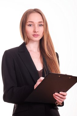 elinde kağıtlar için tablet ile genç kız