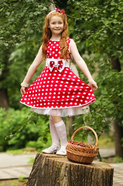 Girl in with a basket of cherries — Stock Photo, Image