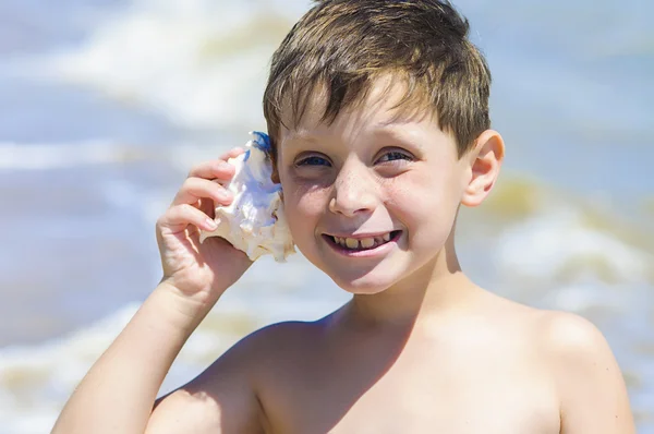 Boy with shell in hand on the beach — Stock Photo, Image