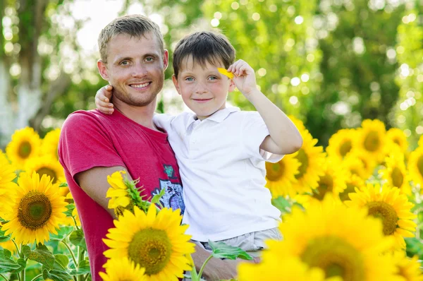 Far og gutt på en solsikkeåker – stockfoto