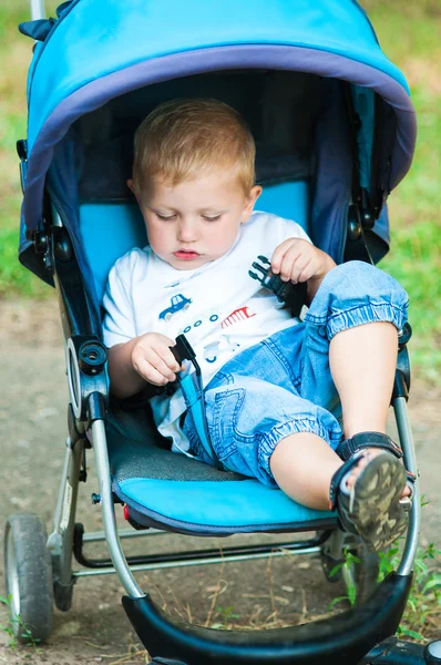 Niño en un cochecito en un paseo por el parque —  Fotos de Stock