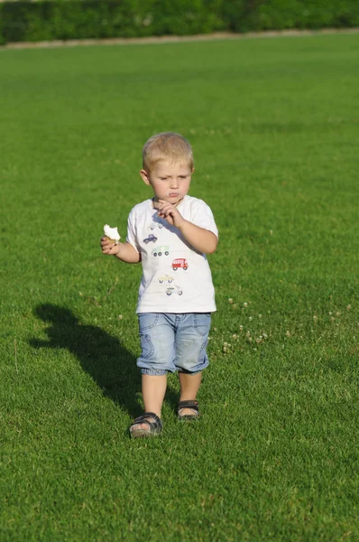 小さな男の子がアイスクリームを食べて — ストック写真