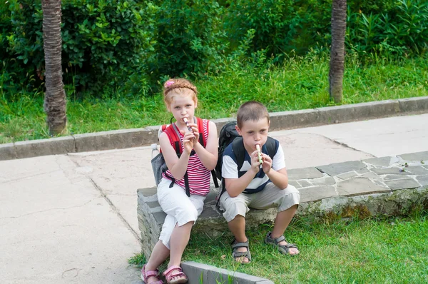Девочка и мальчик играют на трубе в природе — стоковое фото