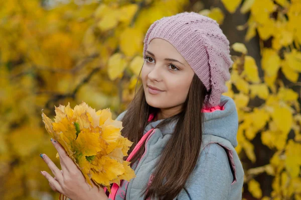 Giovane ragazza in un parco in autunno con foglie gialle — Foto Stock