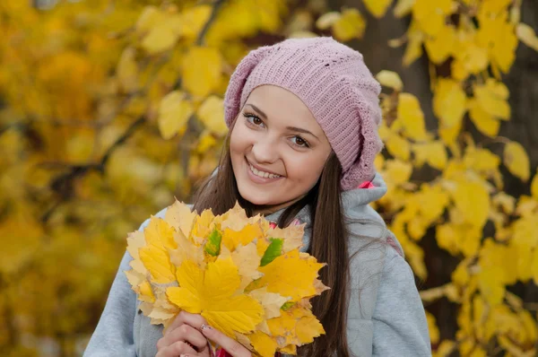 年轻的女孩，在一个公园内与黄色的树叶秋天 — 图库照片