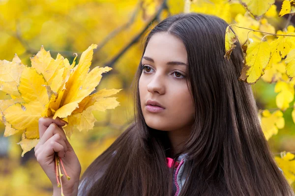 Jeune fille dans un parc en automne avec des feuilles jaunes — Photo