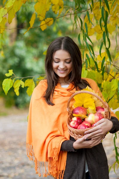 Chica joven en el parque de otoño con una cesta de manzanas —  Fotos de Stock