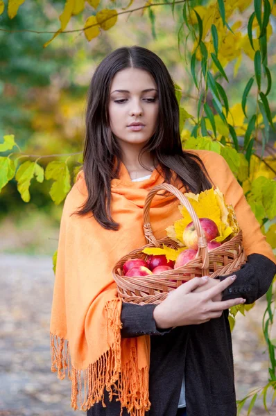 Jong meisje in herfst park met een mandje van appels — Stockfoto