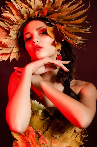 The young beautiful girl in a wreath of yellow leaves — Stock Photo, Image