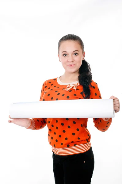 Young girl with a big roll of paper — Stock Photo, Image