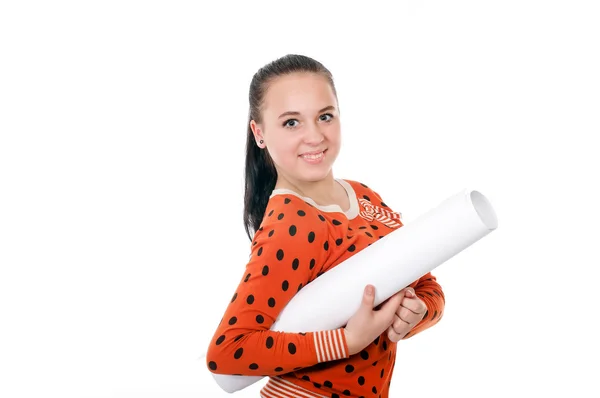 Young girl with a big roll of paper — Stock Photo, Image