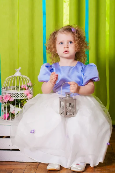 Little girl in a beautiful dress with  birdcages — Stock Photo, Image