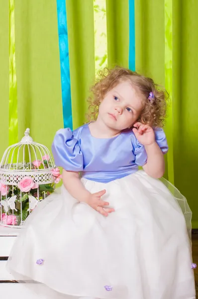 Little girl in a beautiful dress with  birdcages — Stock Photo, Image