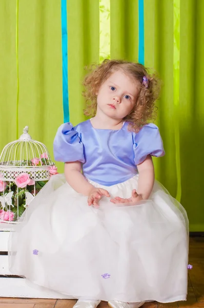 Little girl in a beautiful dress with  birdcages — Stock Photo, Image