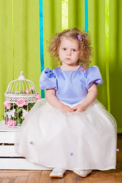 Little girl in a beautiful dress with  birdcages — Stock Photo, Image