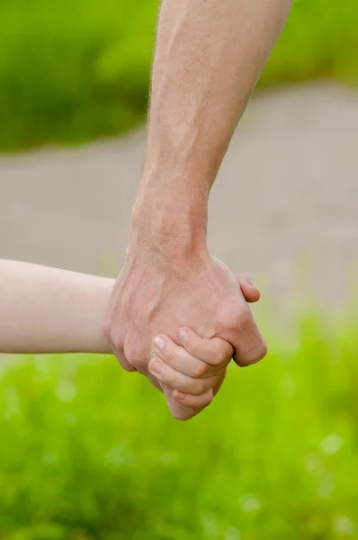 Handen van vader en een kind in de natuur — Stockfoto