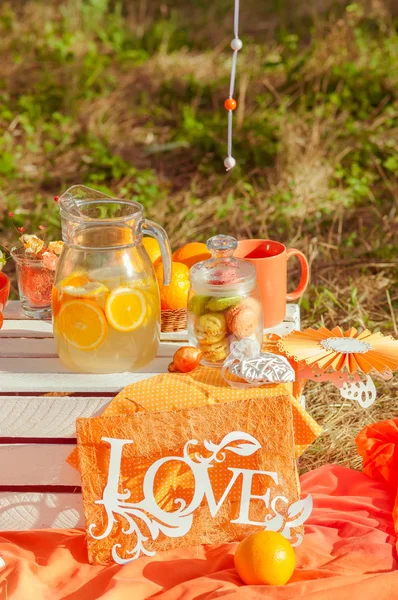 Piquenique decorado com laranjas e limonada no verão — Fotografia de Stock