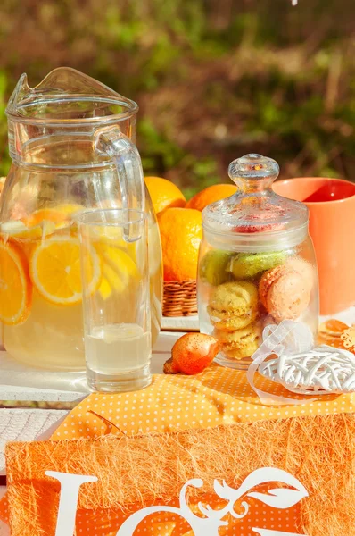 Piquenique decorado com laranjas e limonada no verão — Fotografia de Stock