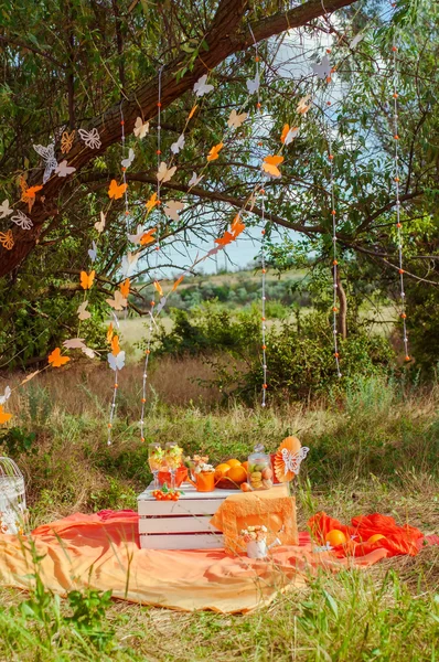Oranžové piknik s květy pomeranče a brýle — Stock fotografie