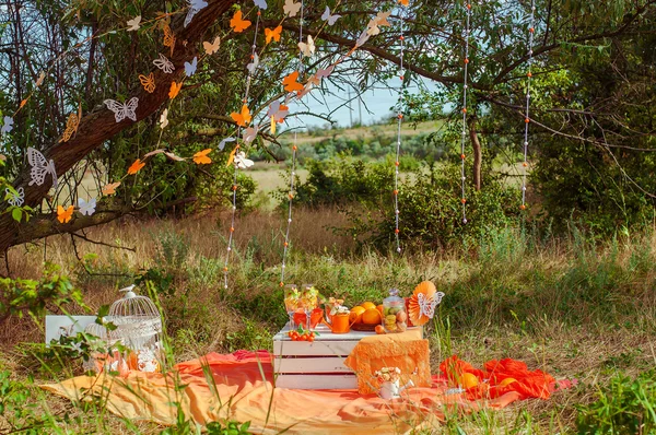 Orange picnic with oranges flowers and glasses — Stock Photo, Image