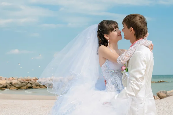 年轻、 漂亮的新娘和新郎在海滩上 — 图库照片