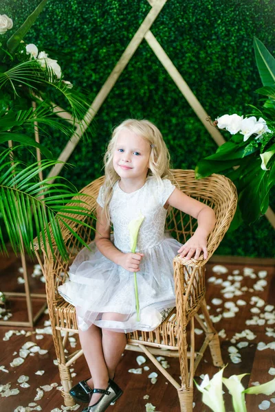 Μικρό Χαριτωμένο Κορίτσι Ξανθά Μαλλιά Λευκό Φόρεμα Και Λευκά Λουλούδια — Φωτογραφία Αρχείου