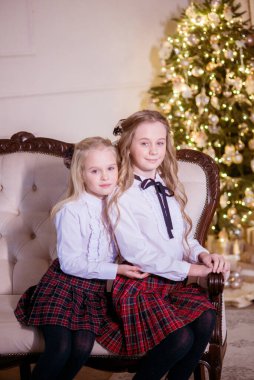 Güzel kız kardeşler, sarı kıvırcık saçlı, klasik okul kıyafetleri içinde, klasik bir iç mekanda, Noel ağacının yanında, okul ücretini ödeyen kızlar. Noel havası 