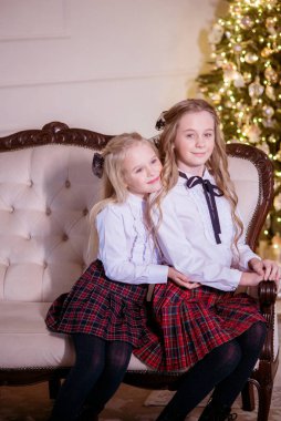 Güzel kız kardeşler, sarı kıvırcık saçlı, klasik okul kıyafetleri içinde, klasik bir iç mekanda, Noel ağacının yanında, okul ücretini ödeyen kızlar. Noel havası 