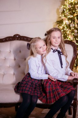 Güzel kız kardeşler, sarı kıvırcık saçlı, klasik okul kıyafetleri içinde, klasik bir iç mekanda, Noel ağacının yanında, okul ücretini ödeyen kızlar. Noel havası 