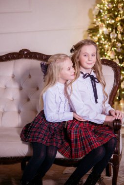 Güzel kız kardeşler, sarı kıvırcık saçlı, klasik okul kıyafetleri içinde, klasik bir iç mekanda, Noel ağacının yanında, okul ücretini ödeyen kızlar. Noel havası 