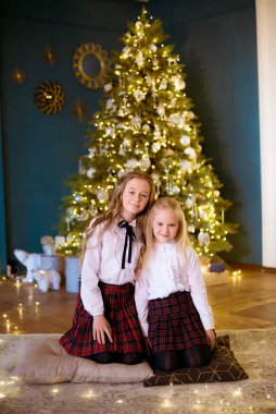 Sarışın, kıvırcık saçlı güzel kız kardeşler klasik okul kıyafetleriyle klasik iç mekan hediyeleriyle Noel ağacının yanındaki gişeye yasaklılar. Noel havası 