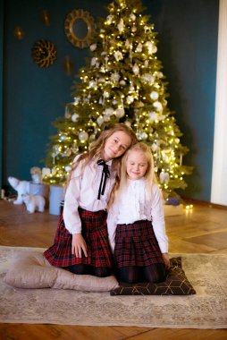 Sarışın, kıvırcık saçlı güzel kız kardeşler klasik okul kıyafetleriyle klasik iç mekan hediyeleriyle Noel ağacının yanındaki gişeye yasaklılar. Noel havası 