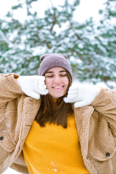 Joven Linda Chica Divierte Clima Nevado Invierno Parque Estilo Vida —  Fotos de Stock