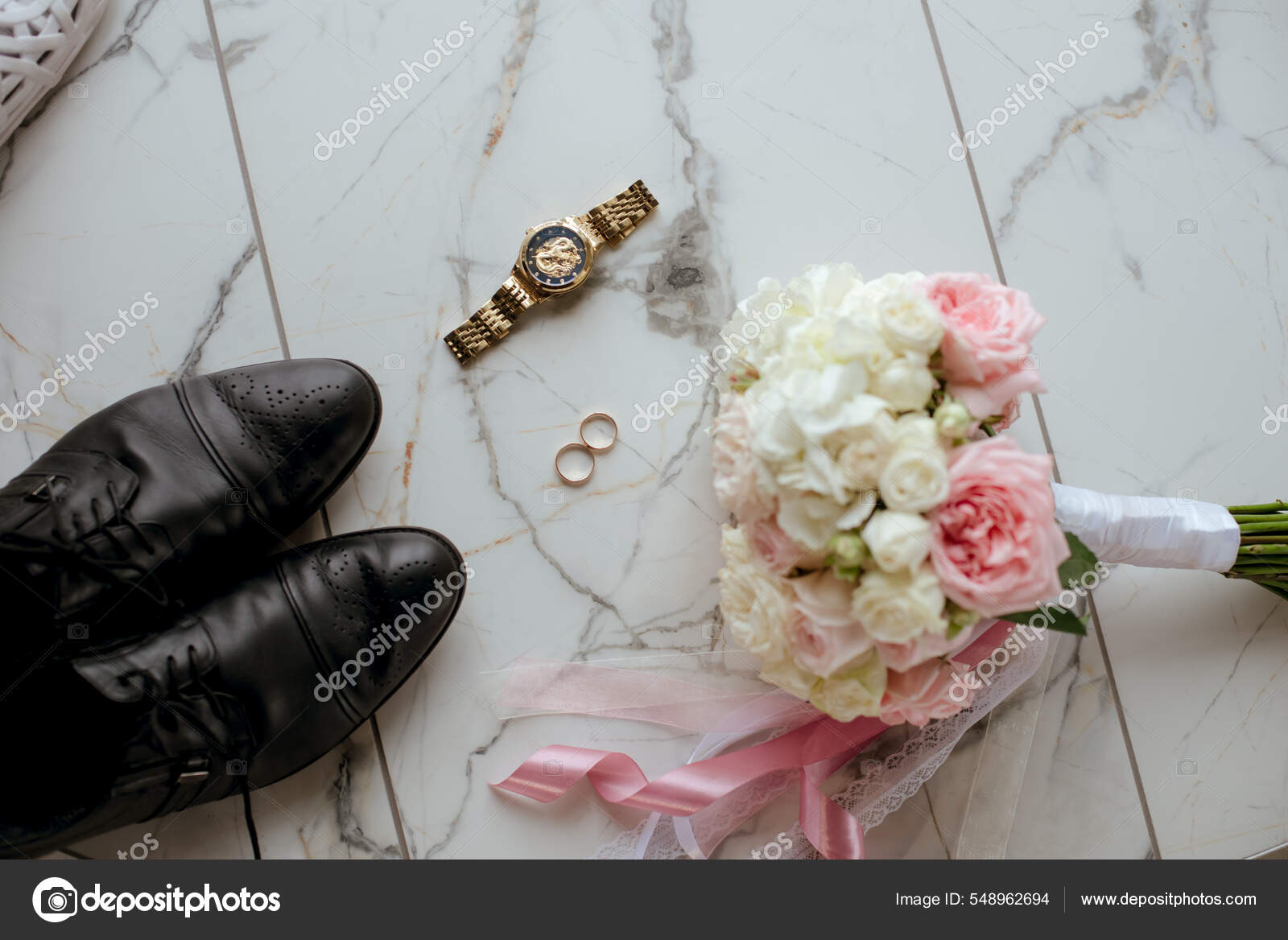 Bridal Bouquet White Pink Roses Wedding Rings Men's Watches