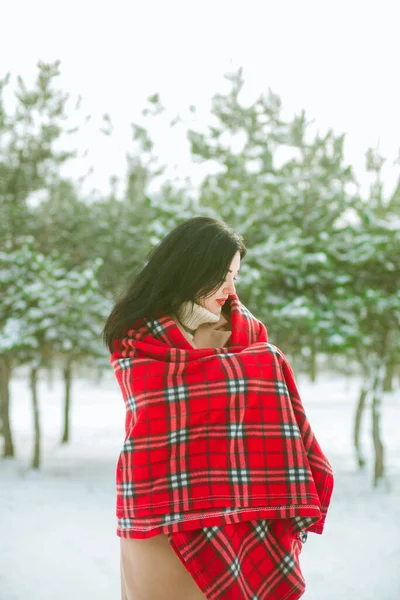 Young Cute Girl Durk Hair Red Scarf Has Fun Snowy — Stock Photo, Image