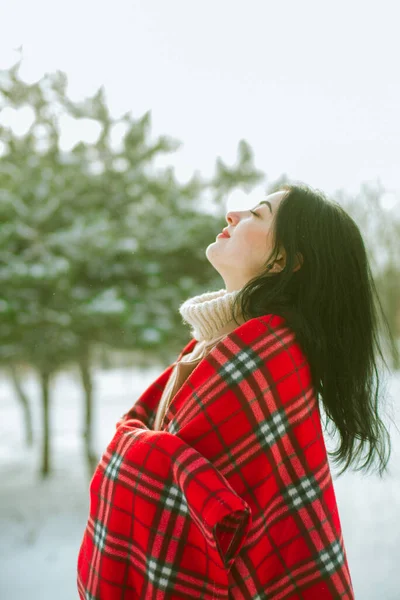 Young Cute Girl Durk Hair Red Scarf Has Fun Snowy — Stock Photo, Image