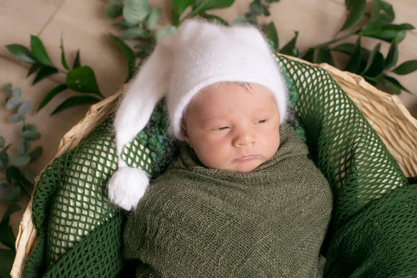 Симпатичный Малыш Плетеной Корзине Украшенной Зелеными Ветвями Зеленом Трикотажном Одеяле — стоковое фото