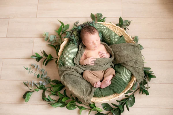 Χαριτωμένο Μωράκι Ψάθινο Καλάθι Διακοσμημένο Πράσινα Κλαδιά Πράσινη Πλεκτή Κουβέρτα — Φωτογραφία Αρχείου
