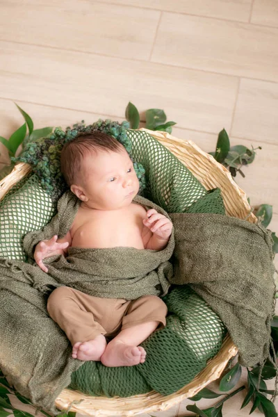 Leuke Kleine Baby Een Rieten Mandje Versierd Met Groene Takken — Stockfoto