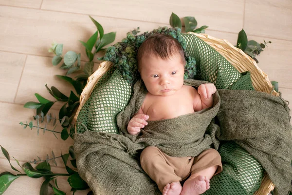 Roztomilé Děťátko Proutěném Koši Zdobené Zelenými Větvemi Zeleném Pleteném Přikrývce — Stock fotografie